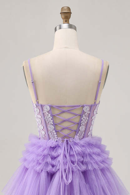 Lavender Floral Short Corset Tiered Homecoming Dress with Applique