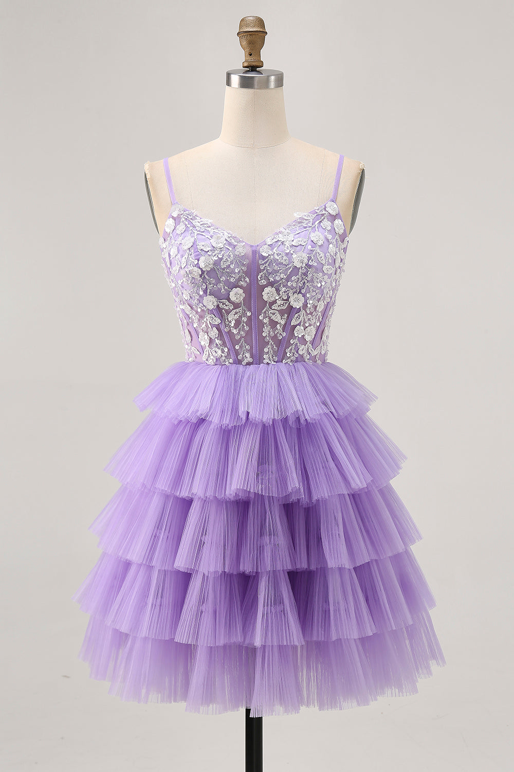 Lavender Floral Tiered Corset Short Homecoming Dress with Sequins