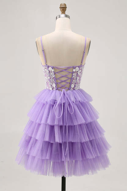 Lavender Floral Tiered Corset Short Homecoming Dress with Sequins