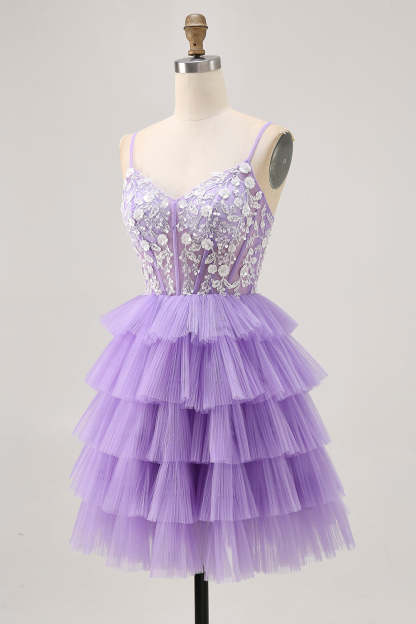 Lavender Floral Tiered Corset Short Homecoming Dress with Sequins