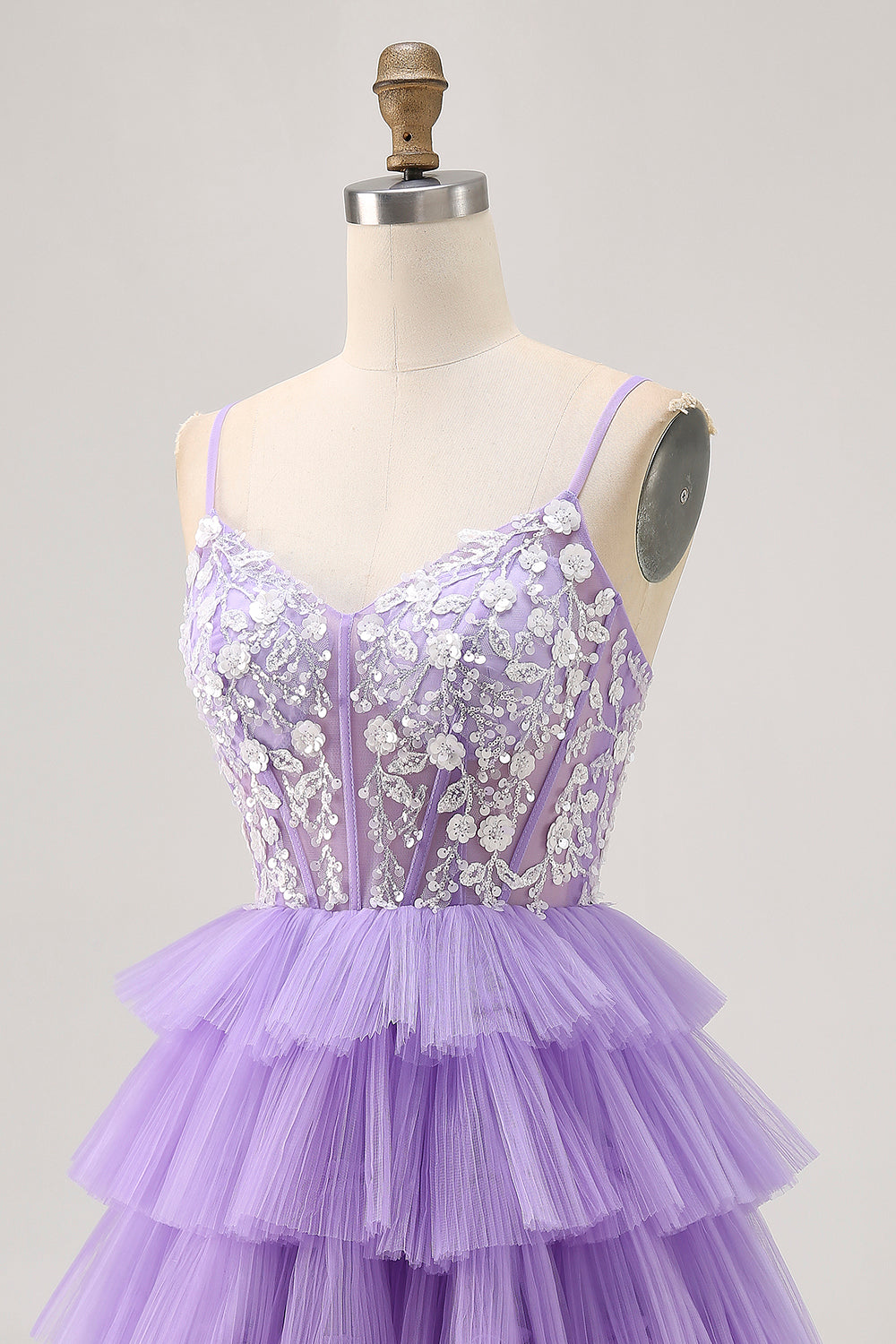 Lavender Floral Tiered Corset Short Homecoming Dress with Sequins