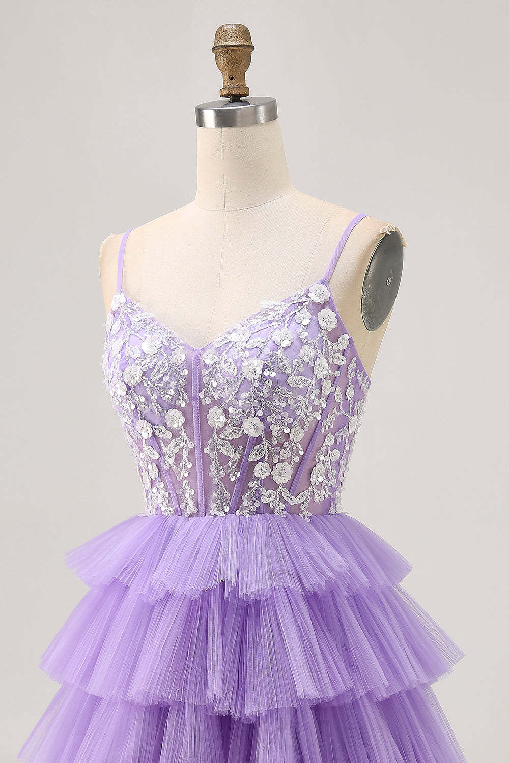 Lavender Floral Tiered Corset Short Homecoming Dress with Sequins