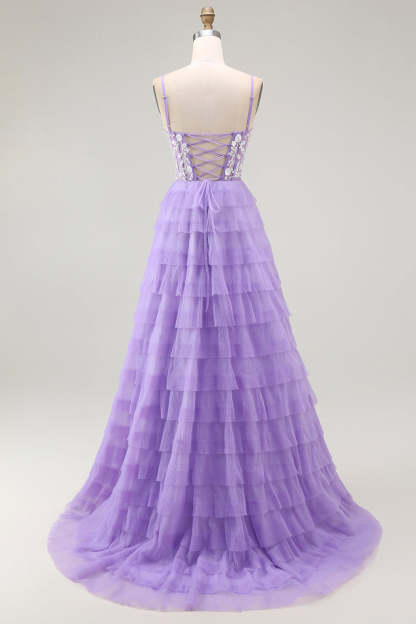 Purple Corset Tiered A Line Sequins Long Prom Dress with Sit