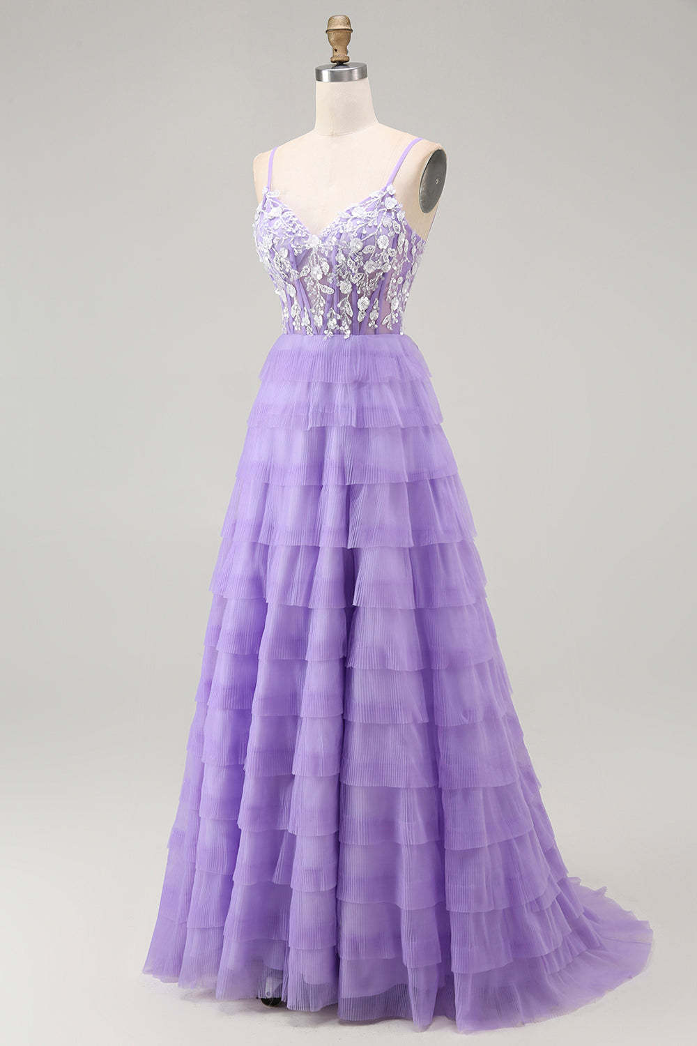 Purple Corset Tiered A Line Sequins Long Prom Dress with Sit