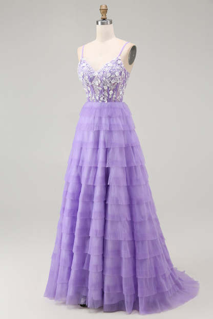 Purple Corset Tiered A Line Sequins Long Prom Dress with Sit