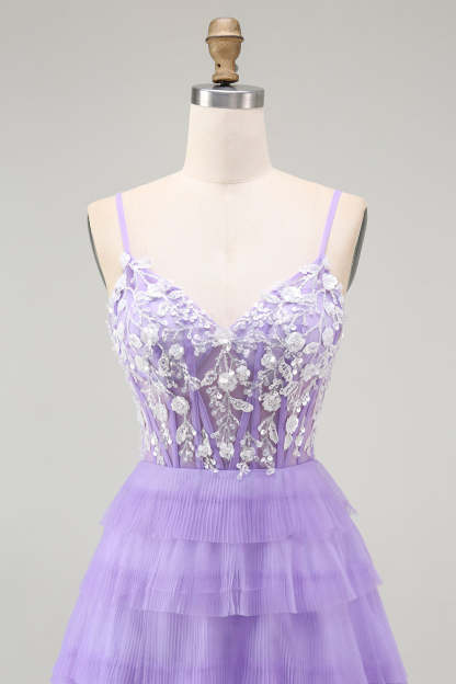 Purple Corset Tiered A Line Sequins Long Prom Dress with Sit