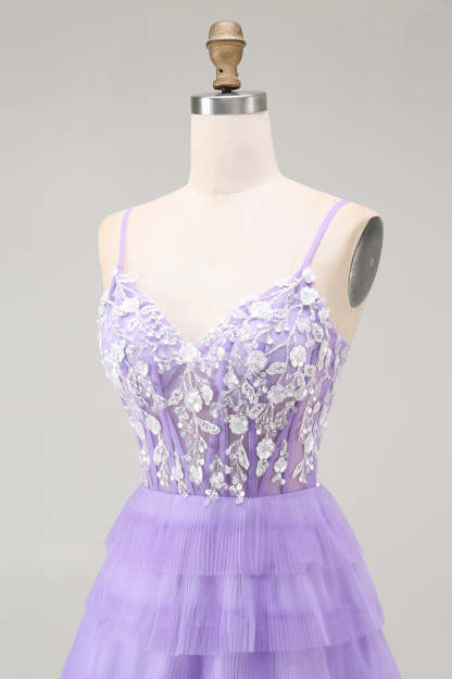 Purple Corset Tiered A Line Sequins Long Prom Dress with Sit