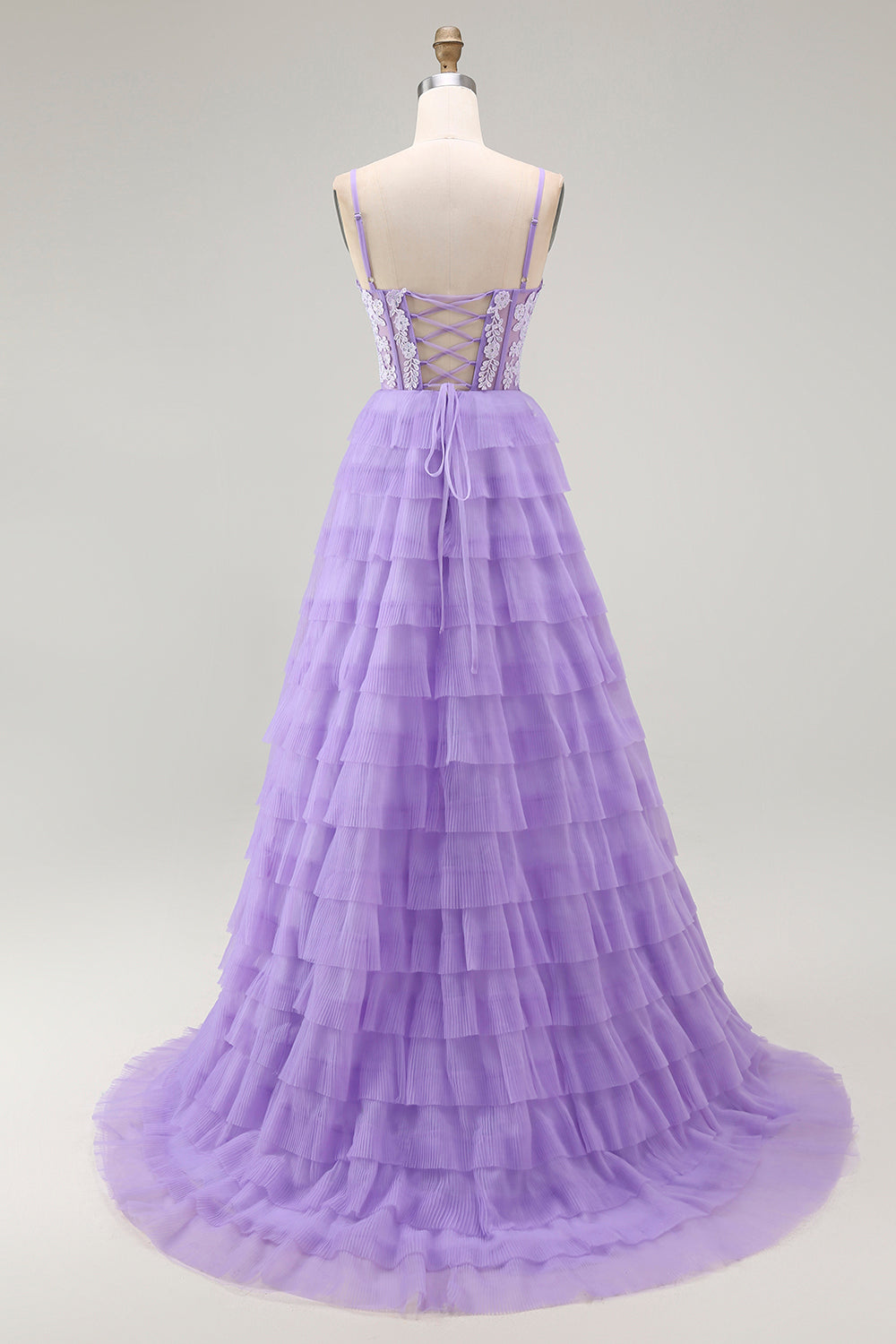 Sparkly Purple Corset Appliqued Long Tiered Prom Dress with Slit