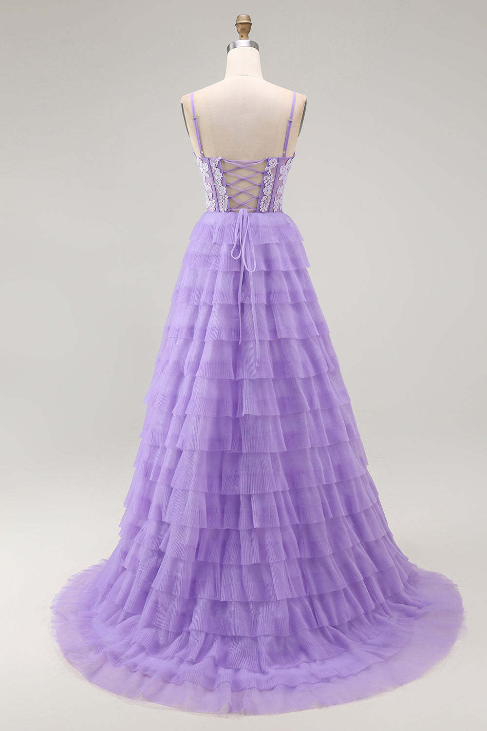 Sparkly Purple Corset Appliqued Long Tiered Prom Dress with Slit