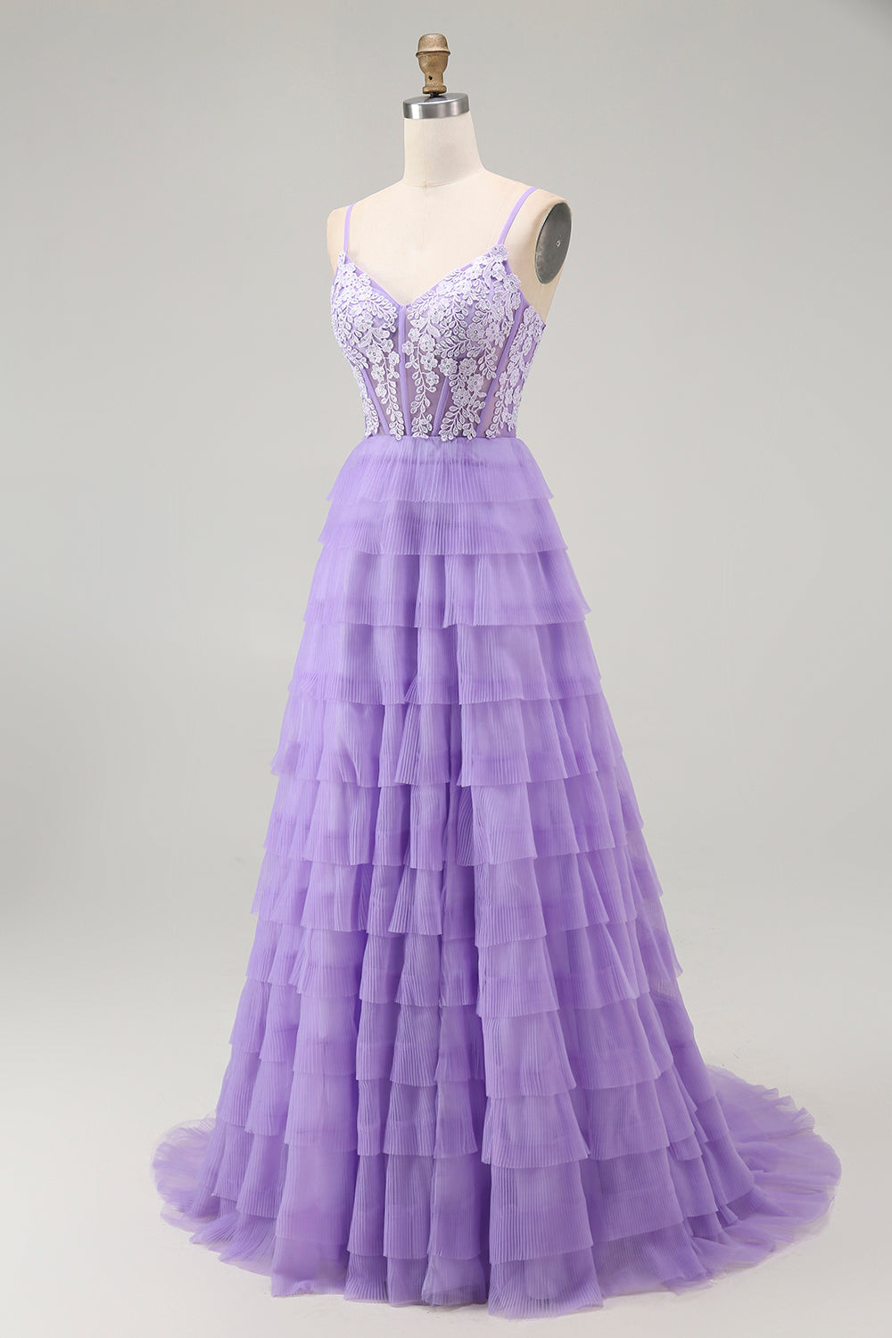 Sparkly Purple Corset Appliqued Long Tiered Prom Dress with Slit