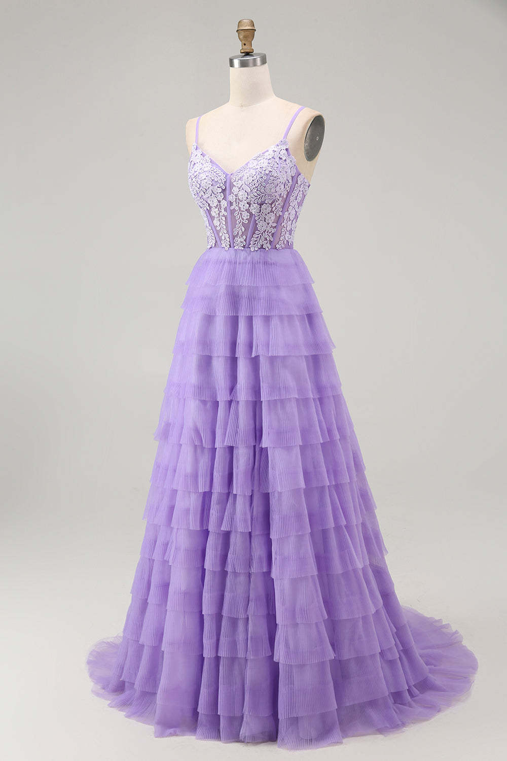 Sparkly Purple Corset Appliqued Long Tiered Prom Dress with Slit