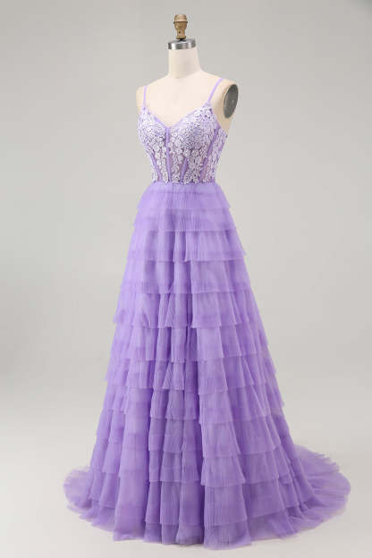 Sparkly Purple Corset Appliqued Long Tiered Prom Dress with Slit
