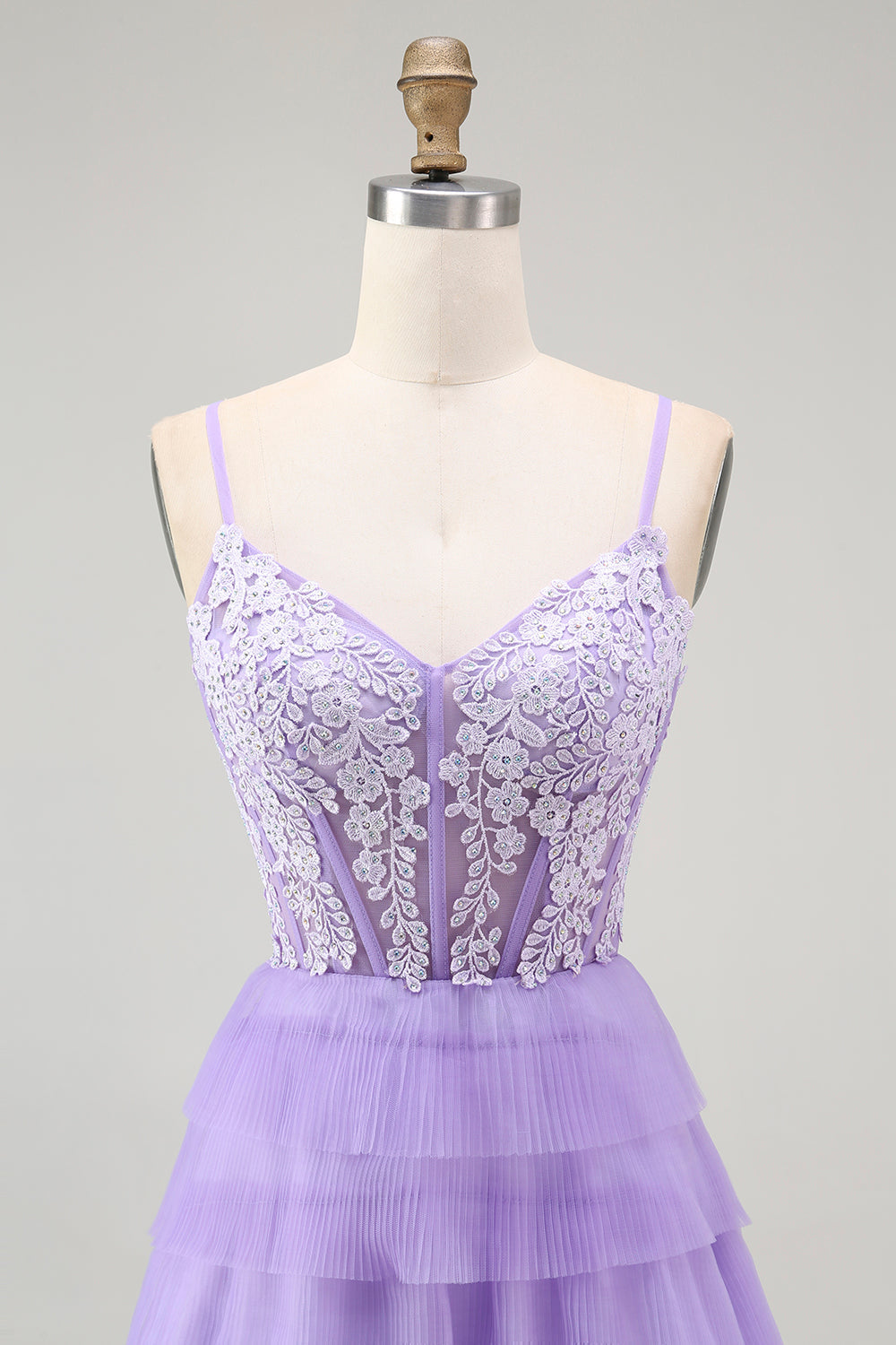 Sparkly Purple Corset Appliqued Long Tiered Prom Dress with Slit