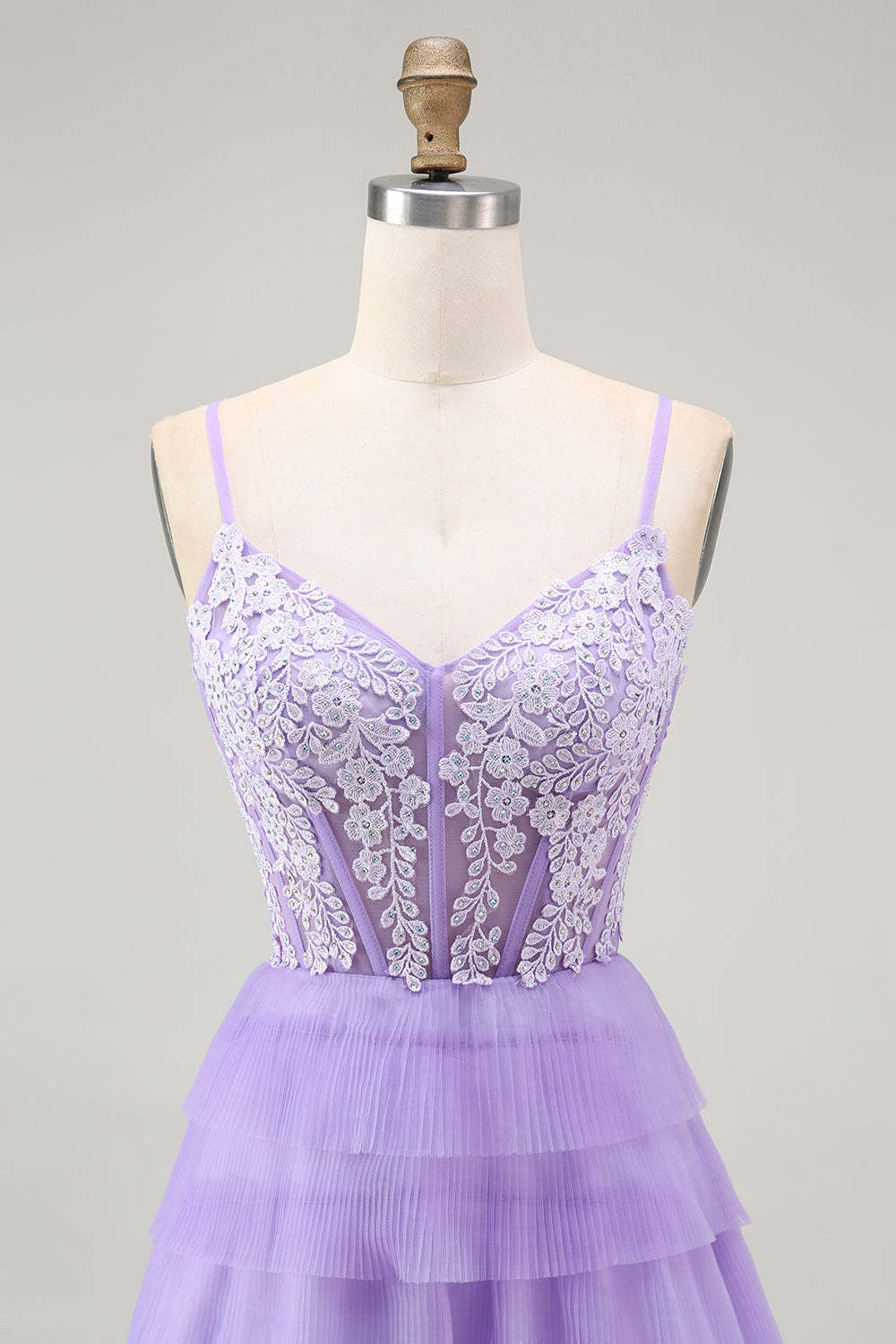 Sparkly Purple Corset Appliqued Long Tiered Prom Dress with Slit