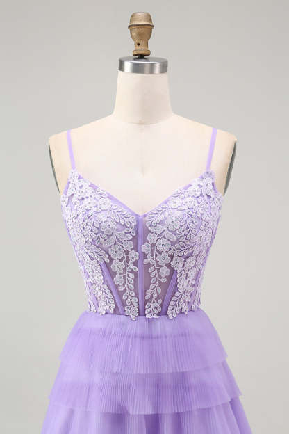 Sparkly Purple Corset Appliqued Long Tiered Prom Dress with Slit