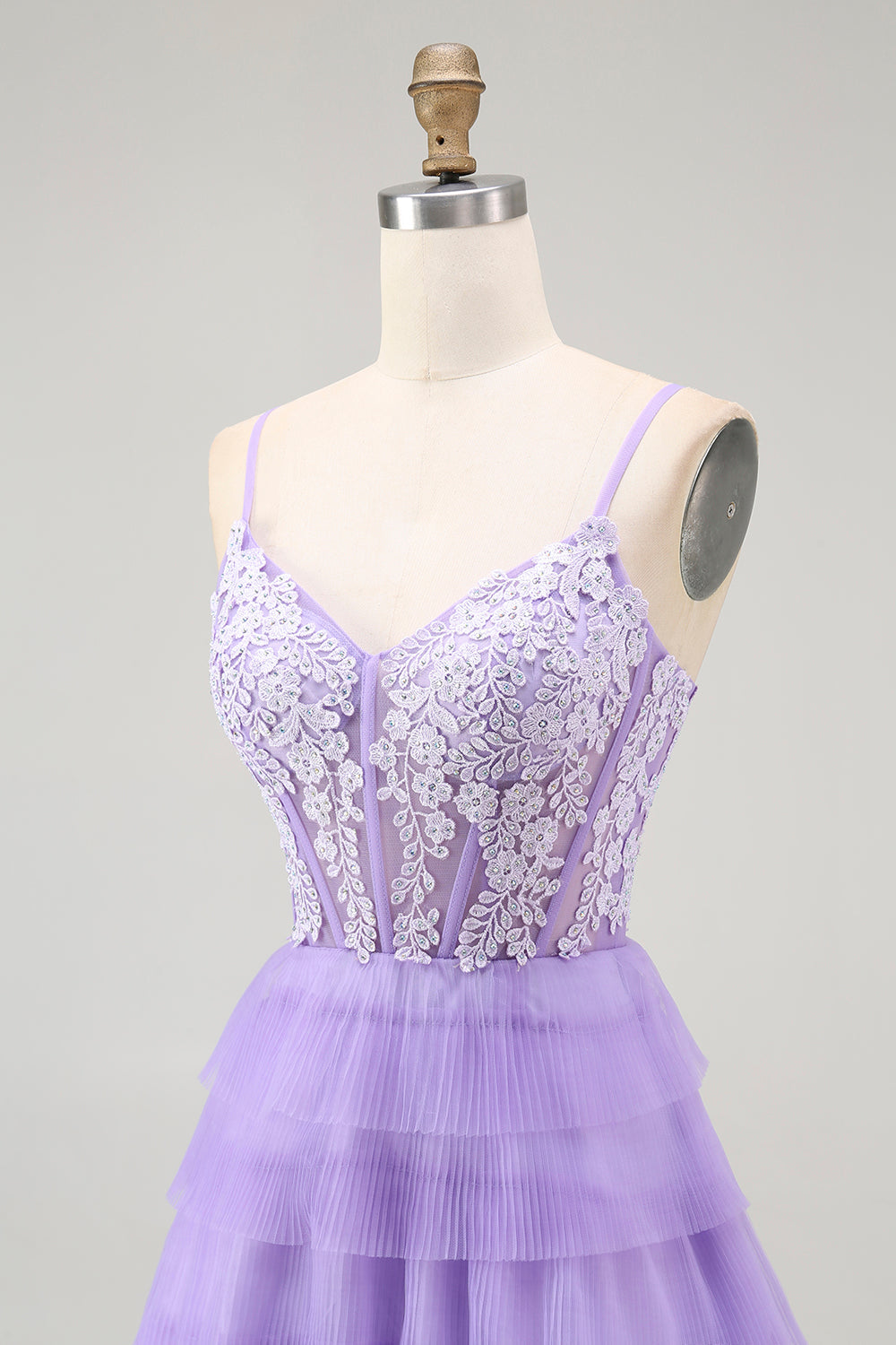 Sparkly Purple Corset Appliqued Long Tiered Prom Dress with Slit