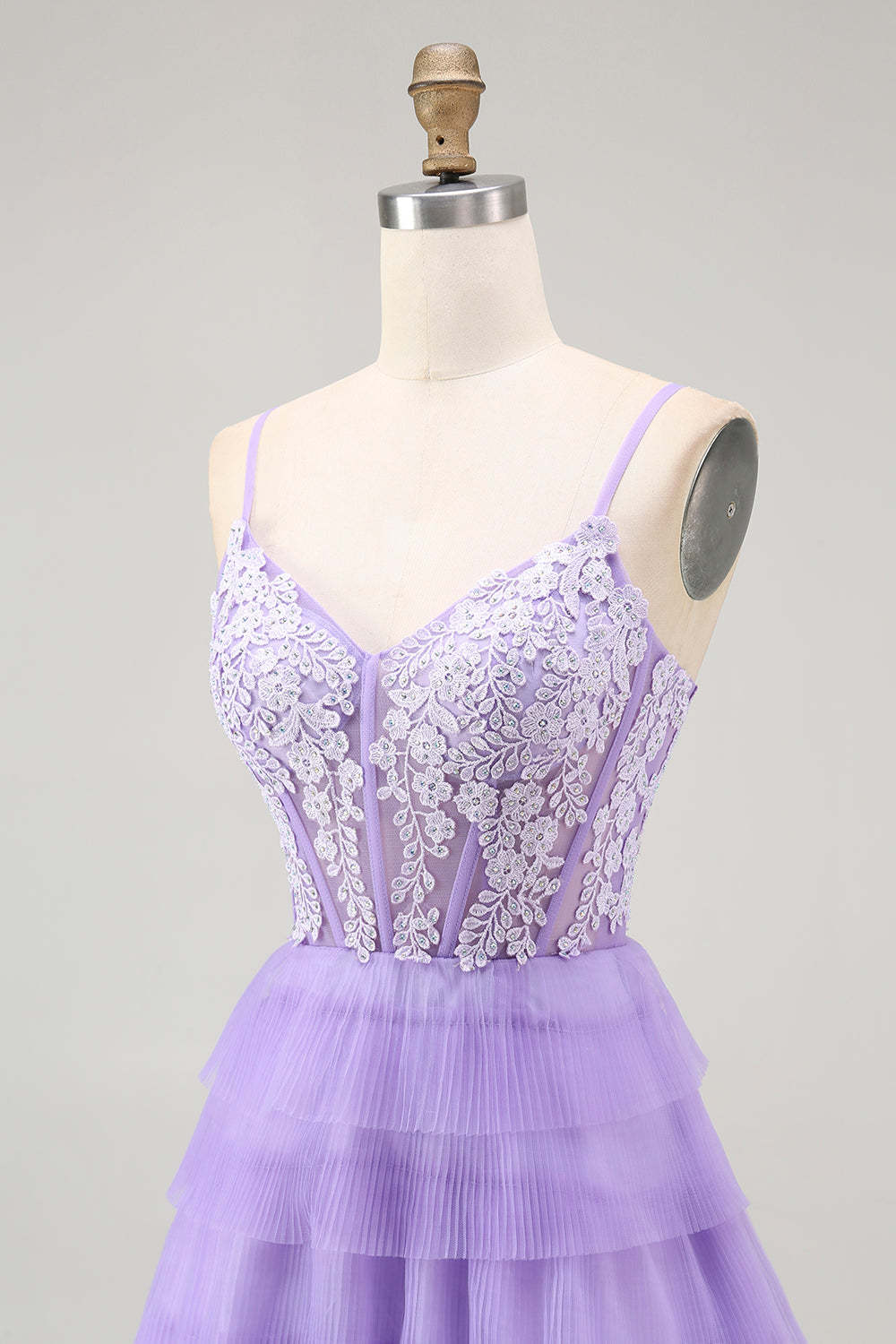 Sparkly Purple Corset Appliqued Long Tiered Prom Dress with Slit