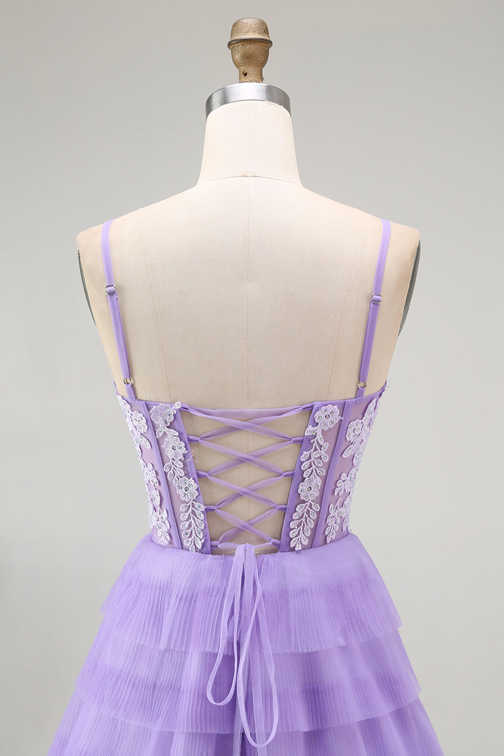 Sparkly Purple Corset Appliqued Long Tiered Prom Dress with Slit