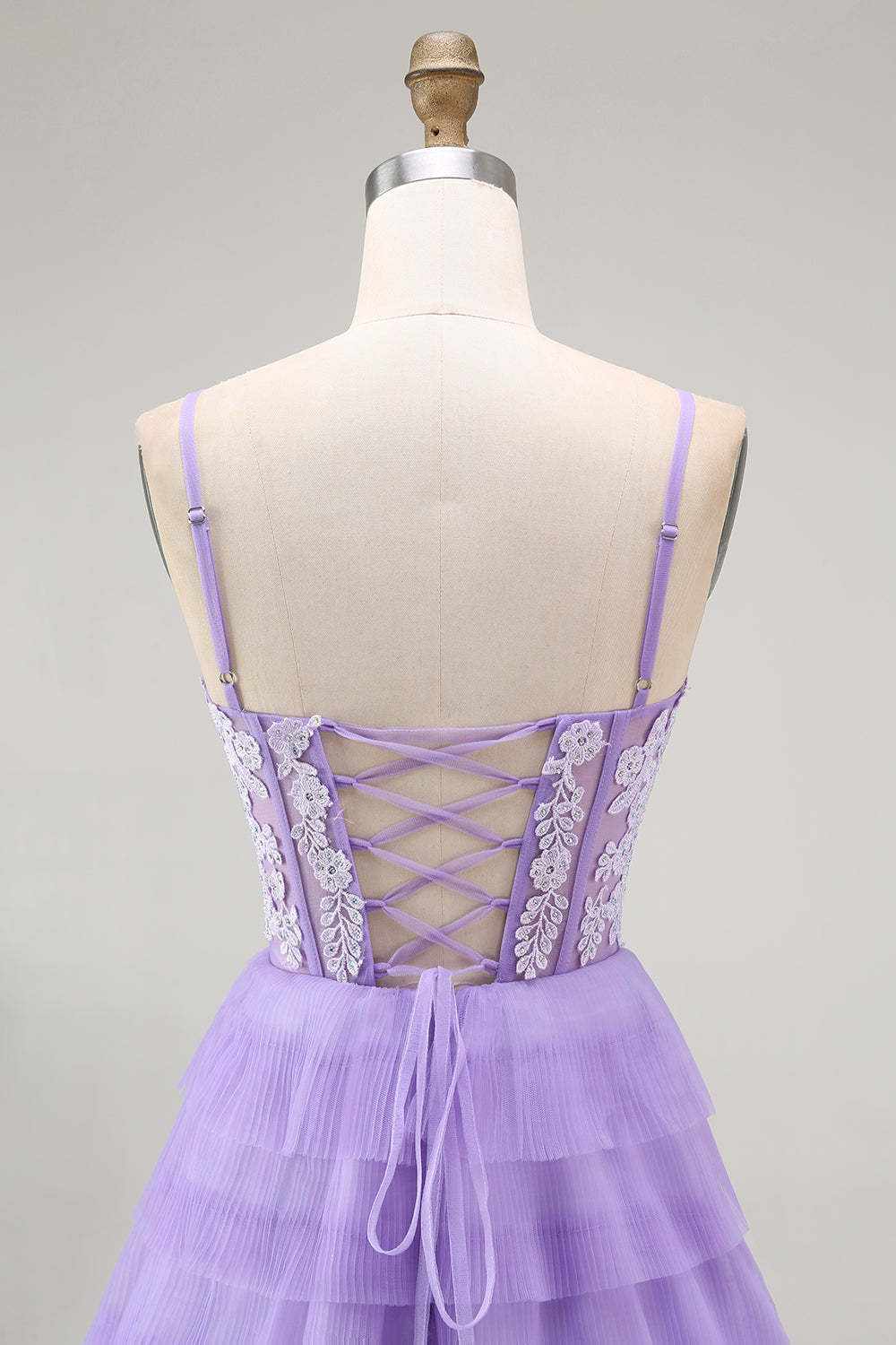 Sparkly Purple Corset Appliqued Long Tiered Prom Dress with Slit