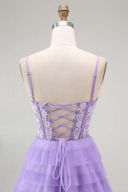 Sparkly Purple Corset Appliqued Long Tiered Prom Dress with Slit