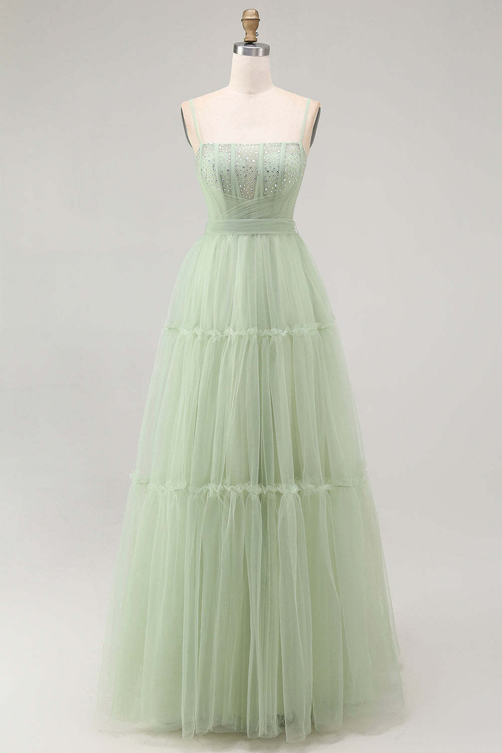 Leely Women Sparkly Green Maxi Prom Dress with Bow A Line Corset Spaghetti Straps Tulle Lace Up Back Formal Dress with Beading