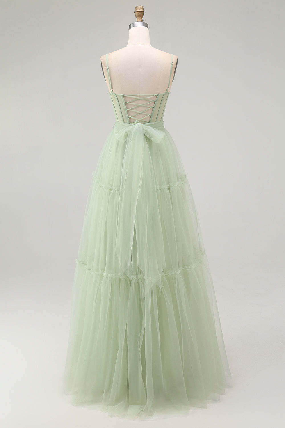 Sparkly Green Corset Tulle A Line Long Prom Dress with Bow