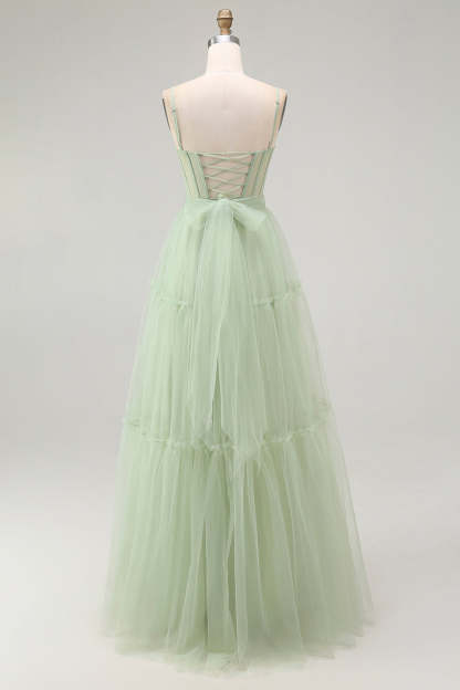 Sparkly Green Corset Tulle A Line Long Prom Dress with Bow