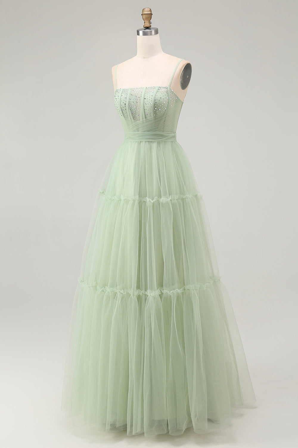 Sparkly Green Corset Tulle A Line Long Prom Dress with Bow