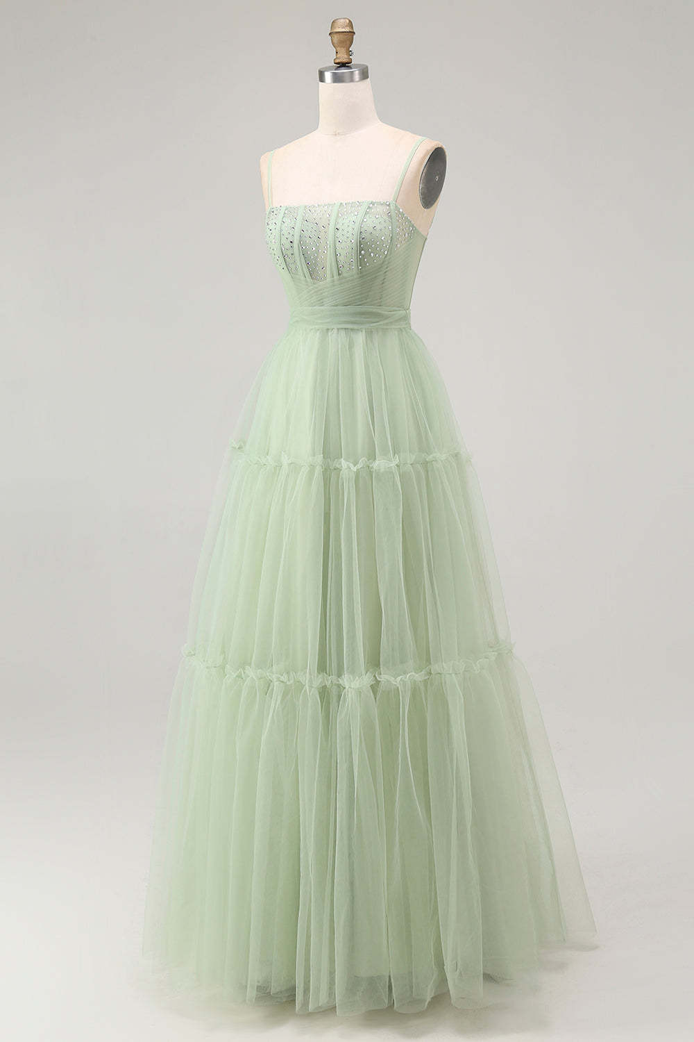 Sparkly Green Corset Tulle A Line Long Prom Dress with Bow