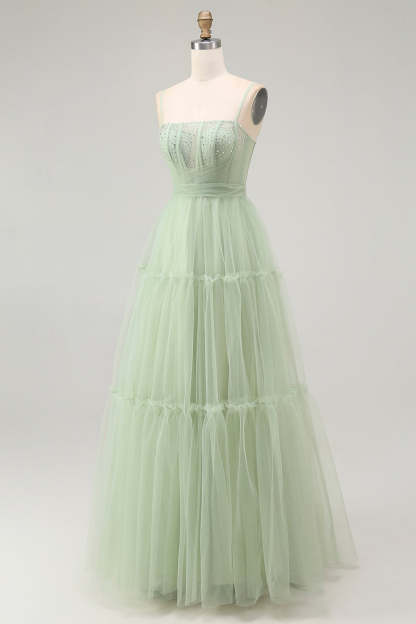 Sparkly Green Corset Tulle A Line Long Prom Dress with Bow