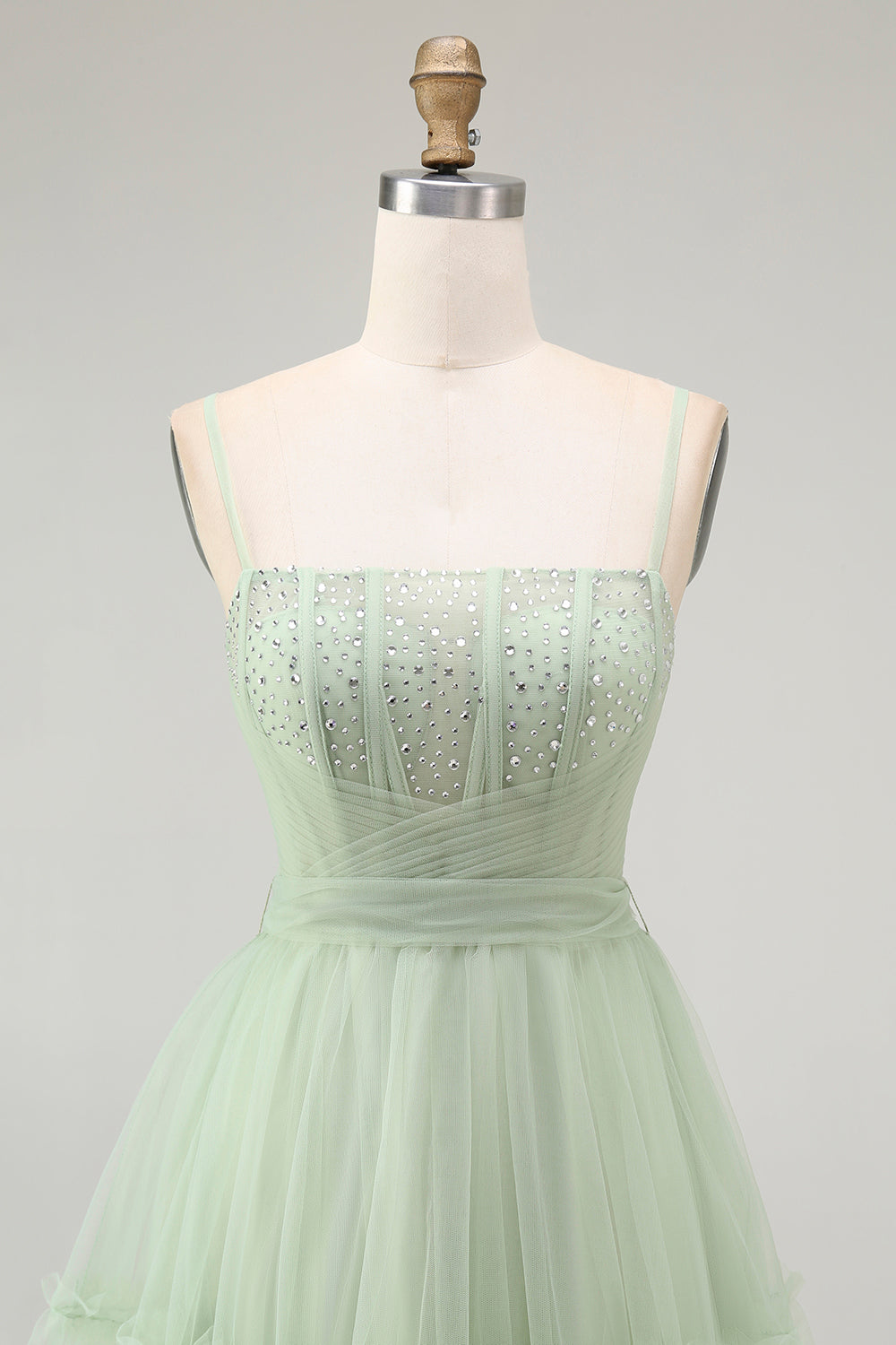 Sparkly Green Corset Tulle A Line Long Prom Dress with Bow