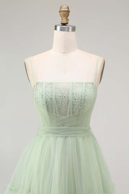Sparkly Green Corset Tulle A Line Long Prom Dress with Bow