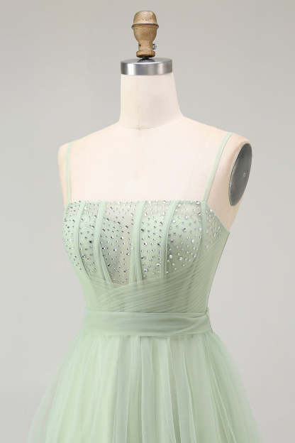 Sparkly Green Corset Tulle A Line Long Prom Dress with Bow