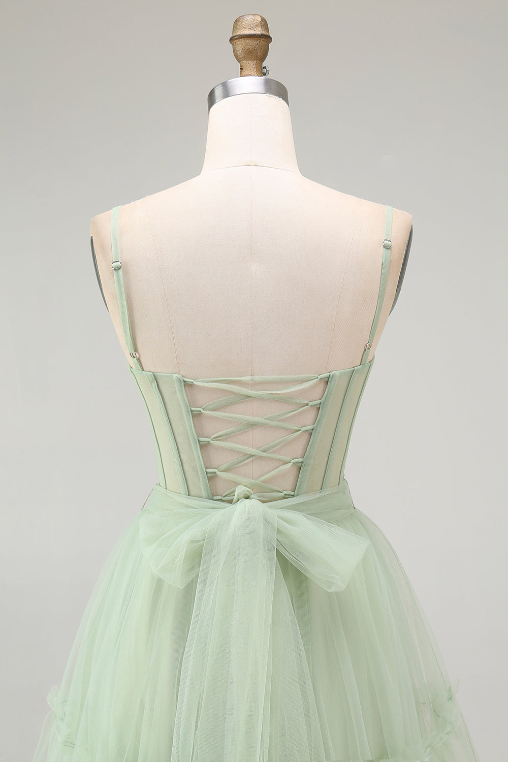 Sparkly Green Corset Tulle A Line Long Prom Dress with Bow