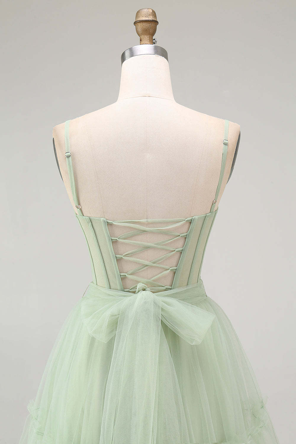 Sparkly Green Corset Tulle A Line Long Prom Dress with Bow