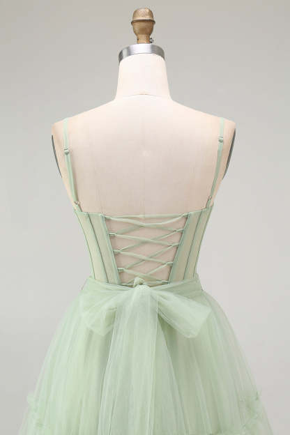 Sparkly Green Corset Tulle A Line Long Prom Dress with Bow