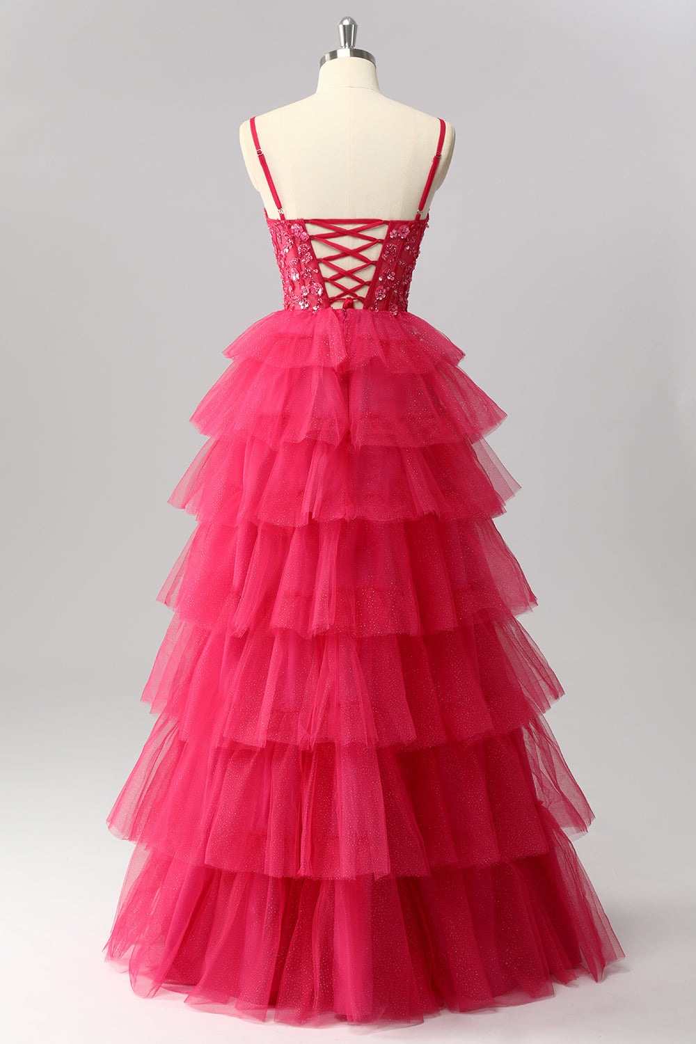 Sparkly Fuchsia Spaghetti Straps Tulle A-Line Maxi Ruffled Corset Prom Dress with Sequins