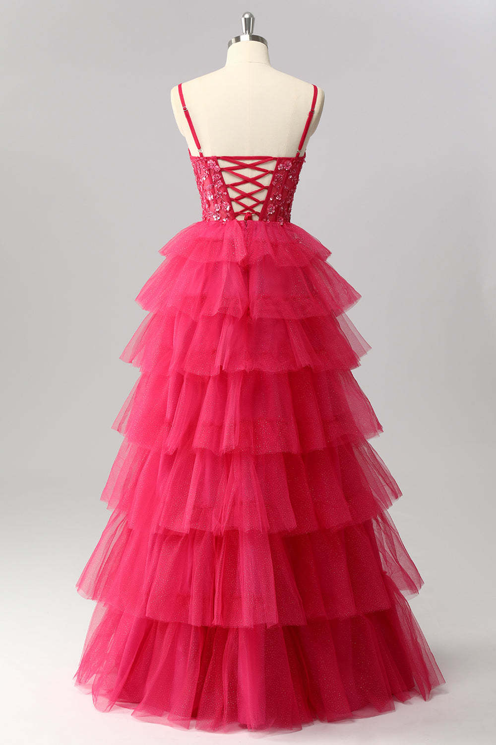 Sparkly Fuchsia Spaghetti Straps Tulle A-Line Maxi Ruffled Corset Prom Dress with Sequins