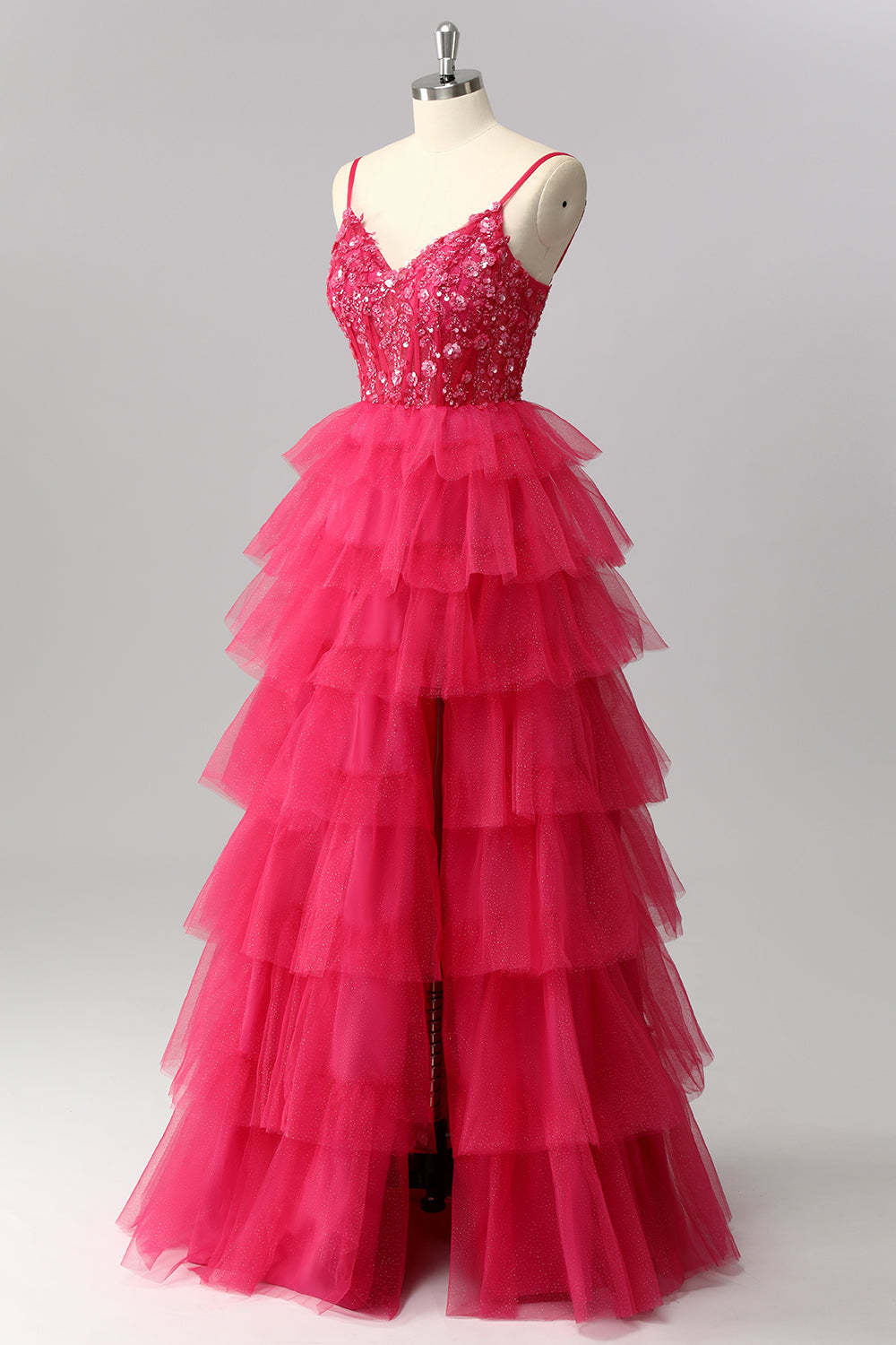 Sparkly Fuchsia Spaghetti Straps Tulle A-Line Maxi Ruffled Corset Prom Dress with Sequins