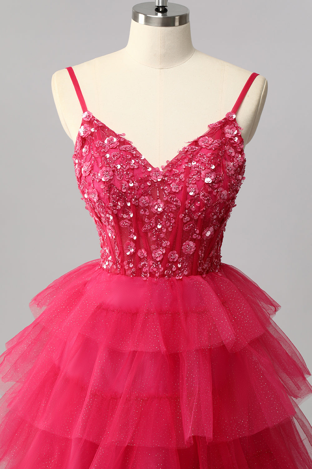 Sparkly Fuchsia Spaghetti Straps Tulle A-Line Maxi Ruffled Corset Prom Dress with Sequins