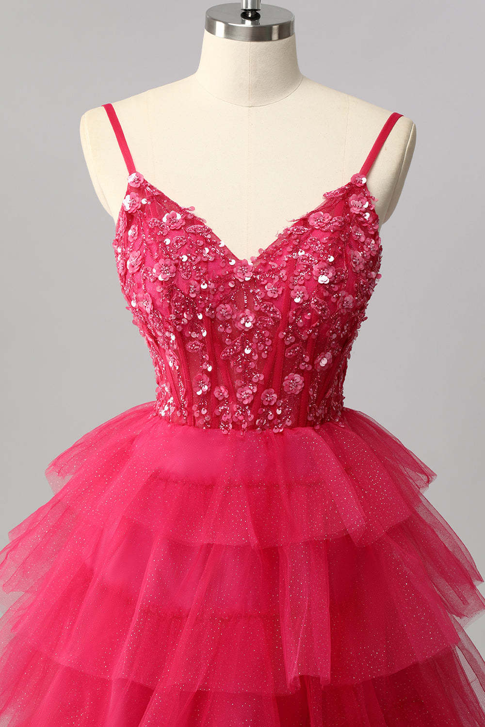 Sparkly Fuchsia Spaghetti Straps Tulle A-Line Maxi Ruffled Corset Prom Dress with Sequins