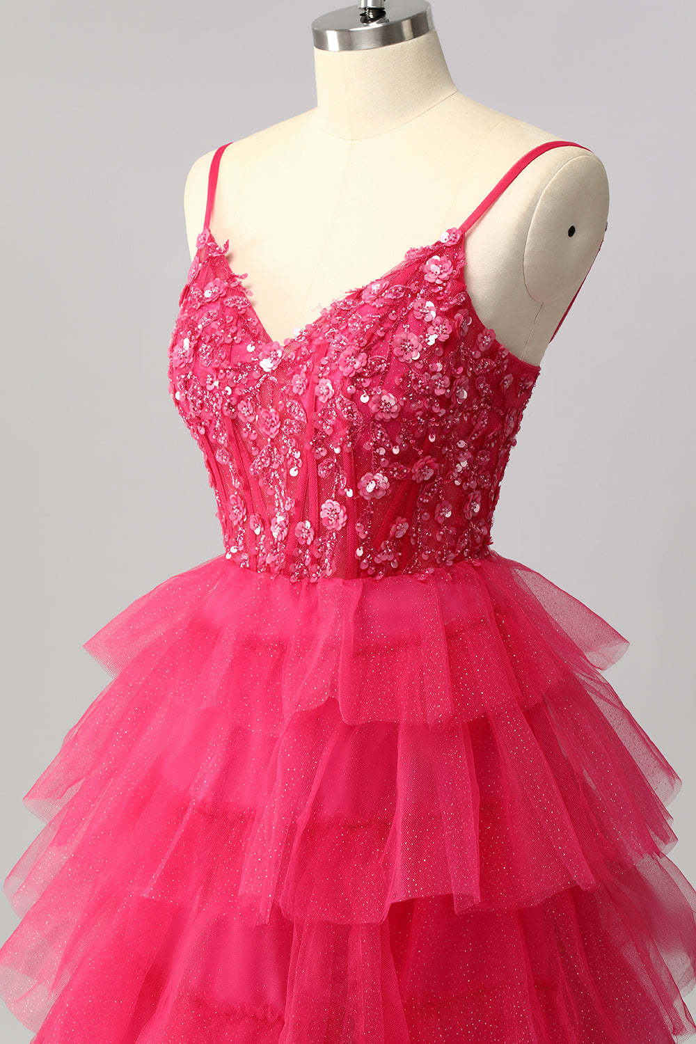 Sparkly Fuchsia Spaghetti Straps Tulle A-Line Maxi Ruffled Corset Prom Dress with Sequins