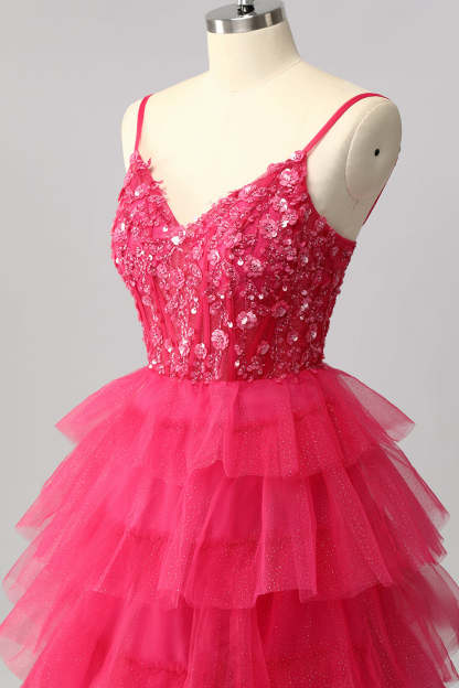 Sparkly Fuchsia Spaghetti Straps Tulle A-Line Maxi Ruffled Corset Prom Dress with Sequins