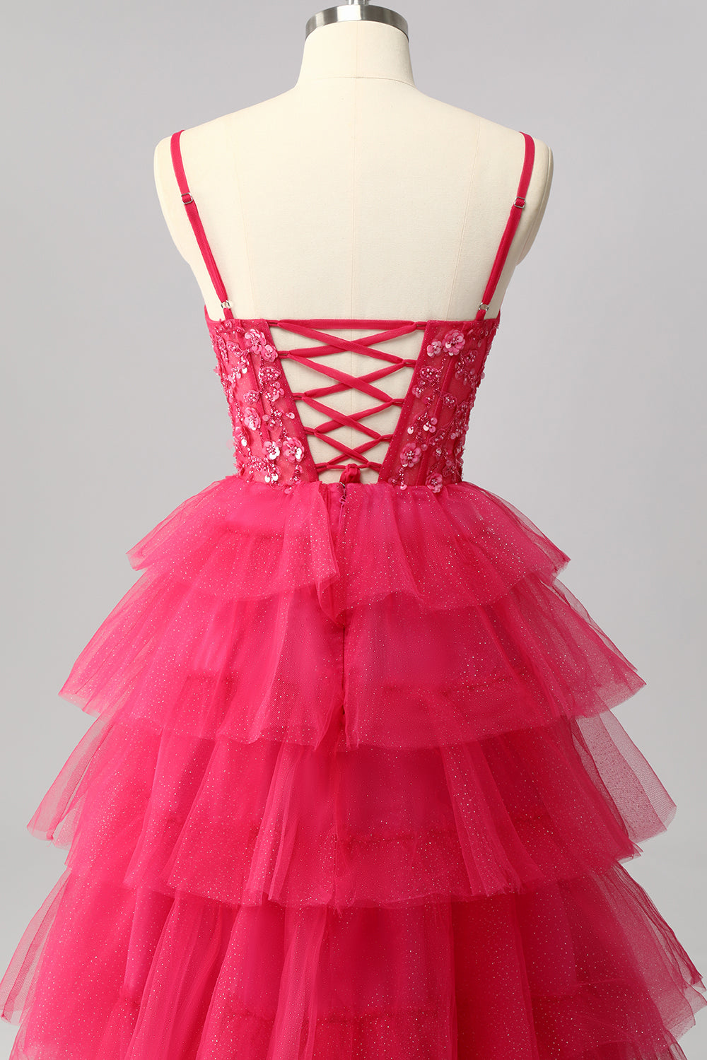 Sparkly Fuchsia Spaghetti Straps Tulle A-Line Maxi Ruffled Corset Prom Dress with Sequins