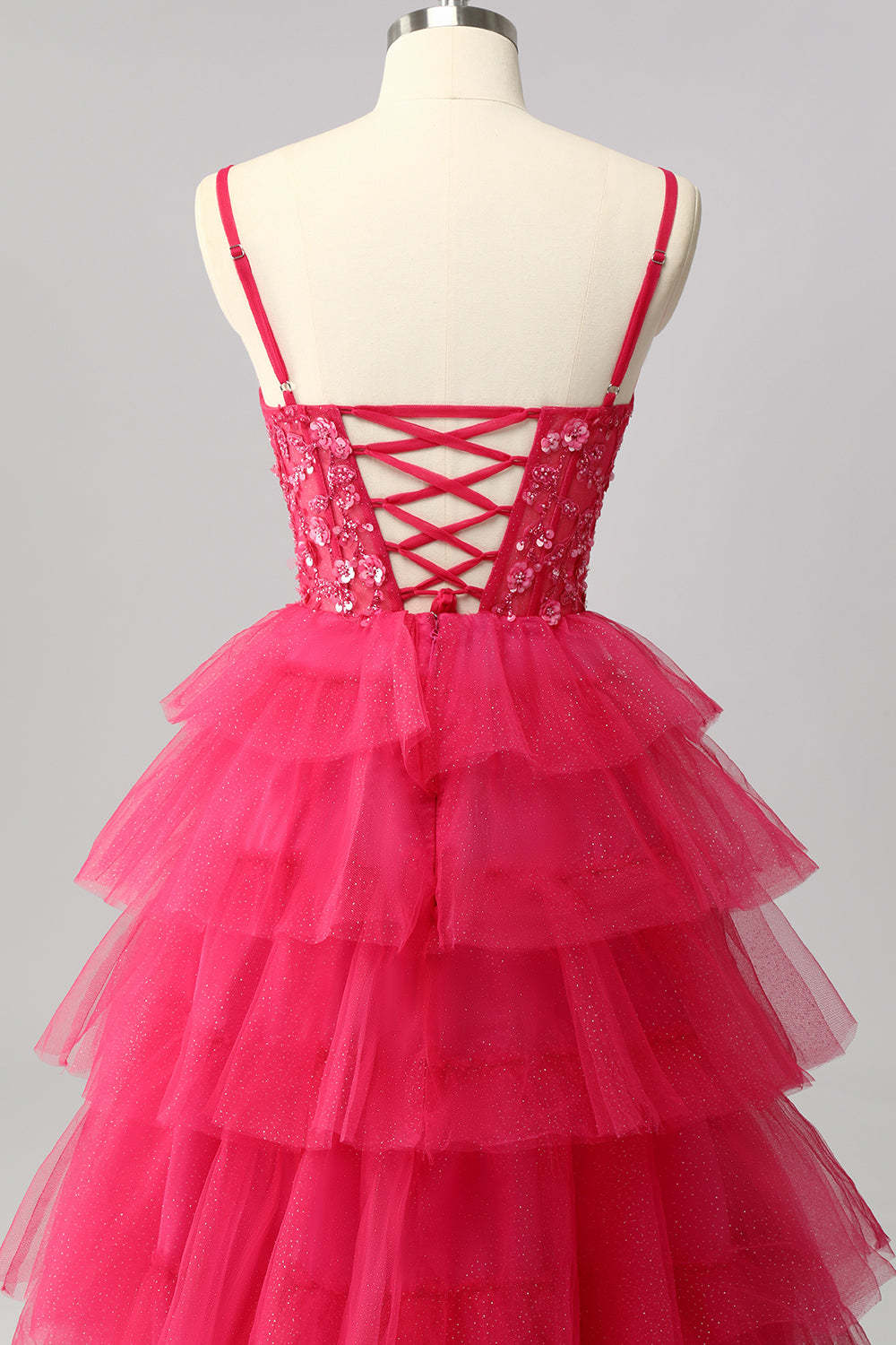 Sparkly Fuchsia Spaghetti Straps Tulle A-Line Maxi Ruffled Corset Prom Dress with Sequins