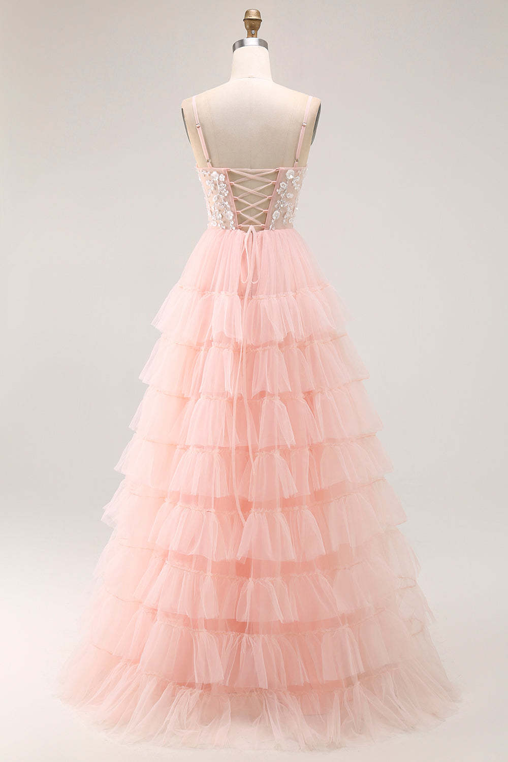 Sparkly Blush Tulle Tiered Floral Long Prom Dress with Sequins