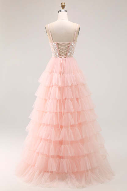 Sparkly Blush Tulle Tiered Floral Long Prom Dress with Sequins