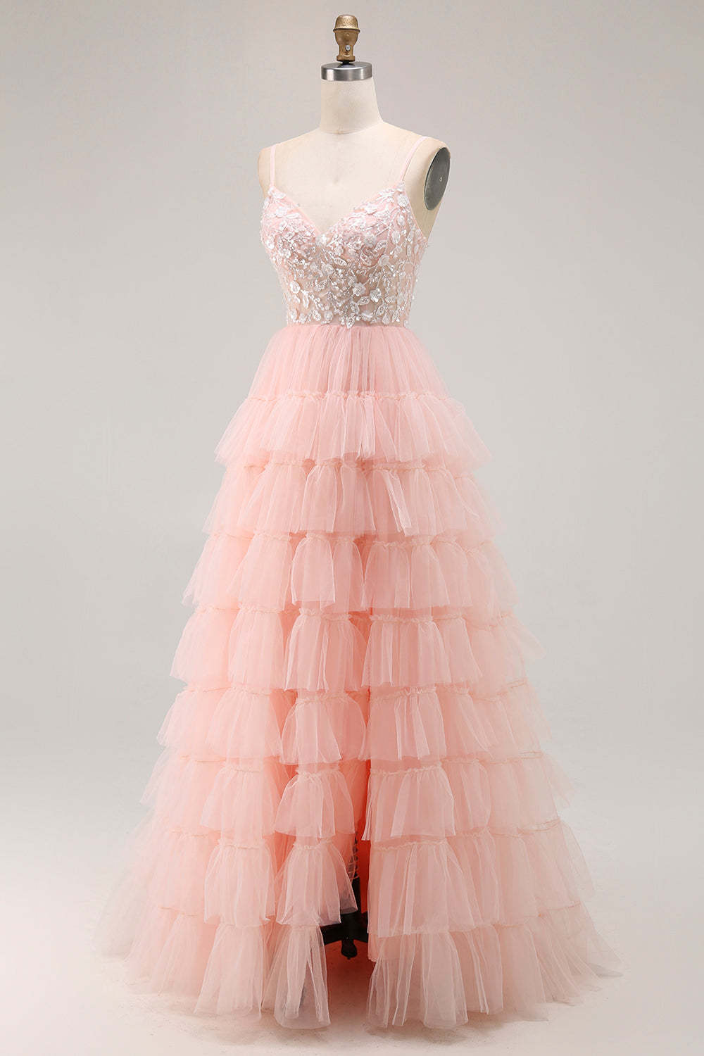 Sparkly Blush Tulle Tiered Floral Long Prom Dress with Sequins