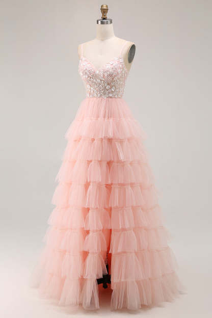Sparkly Blush Tulle Tiered Floral Long Prom Dress with Sequins