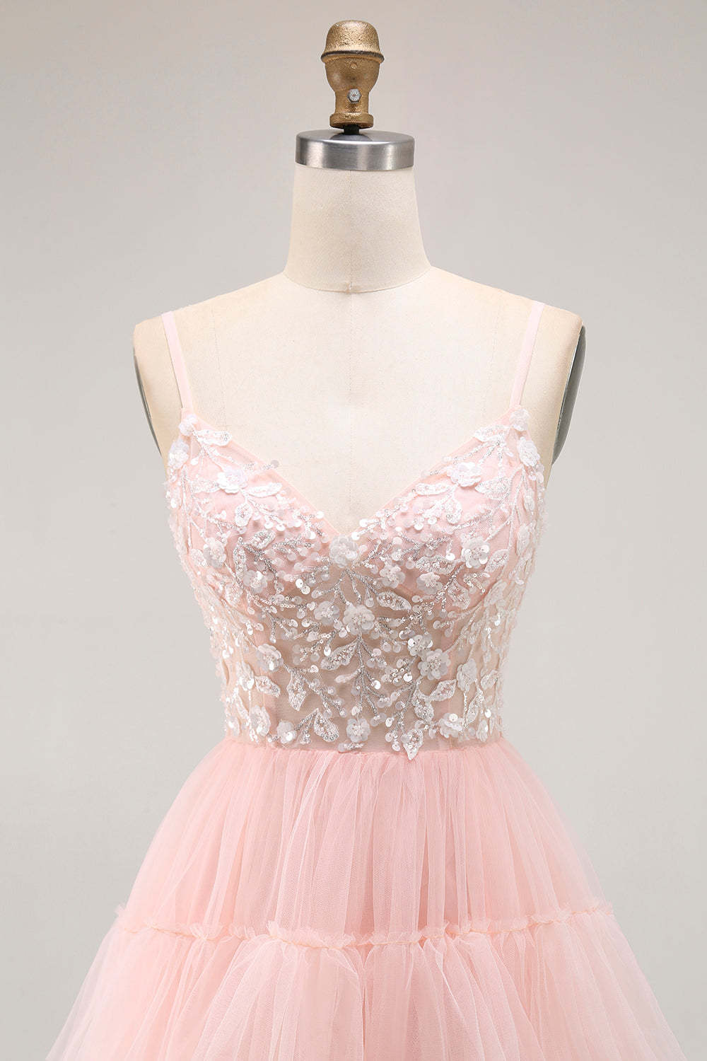 Sparkly Blush Tulle Tiered Floral Long Prom Dress with Sequins